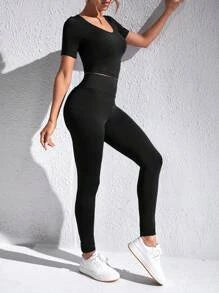 Scoop Neck Tee &amp; Letter Patched Detail Leggings
